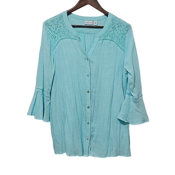 Kim Rogers Boho Lace Button Up Henley Bell Sleeves Size XL - Picture 1 of 7